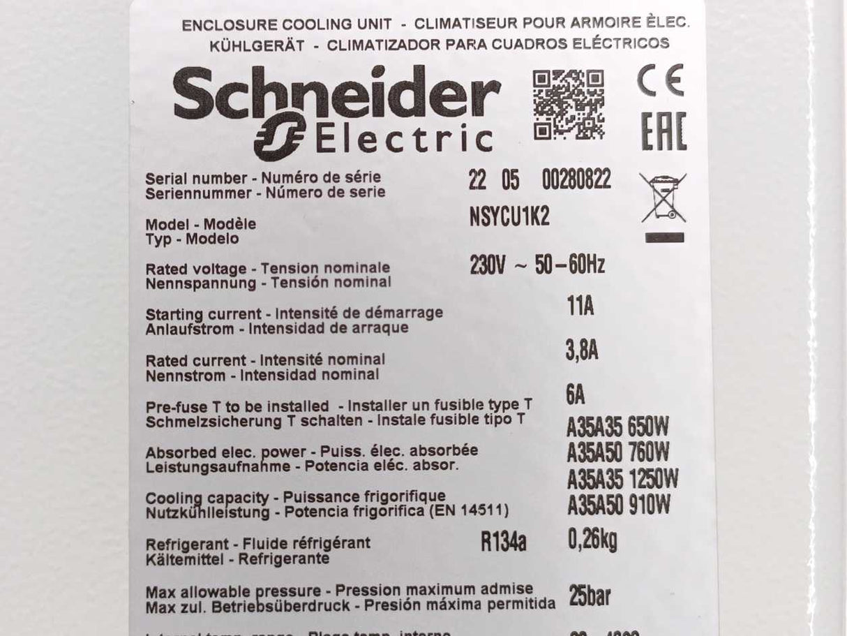 Schneider Electric NSYCU1K2 ClimaSys Cooling Unit 1200W Side 230V 50/60Hz