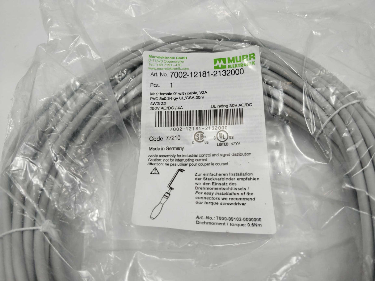 MURR Elektronik 7002-12181-2132000 M12 female 0° A-cod. with cable, 20 m.