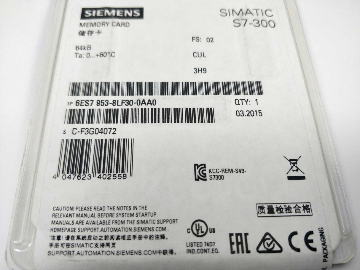 Siemens 6ES7953-8LF30-0AA0 Micro Memory Card 64 KB