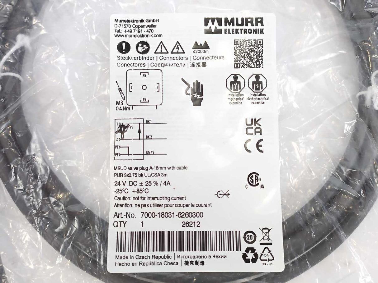 MURR Elektronik 7000-18031-6260300 MSUD Valve Plug A-18mm w/ Cable Batch 3 Pcs.