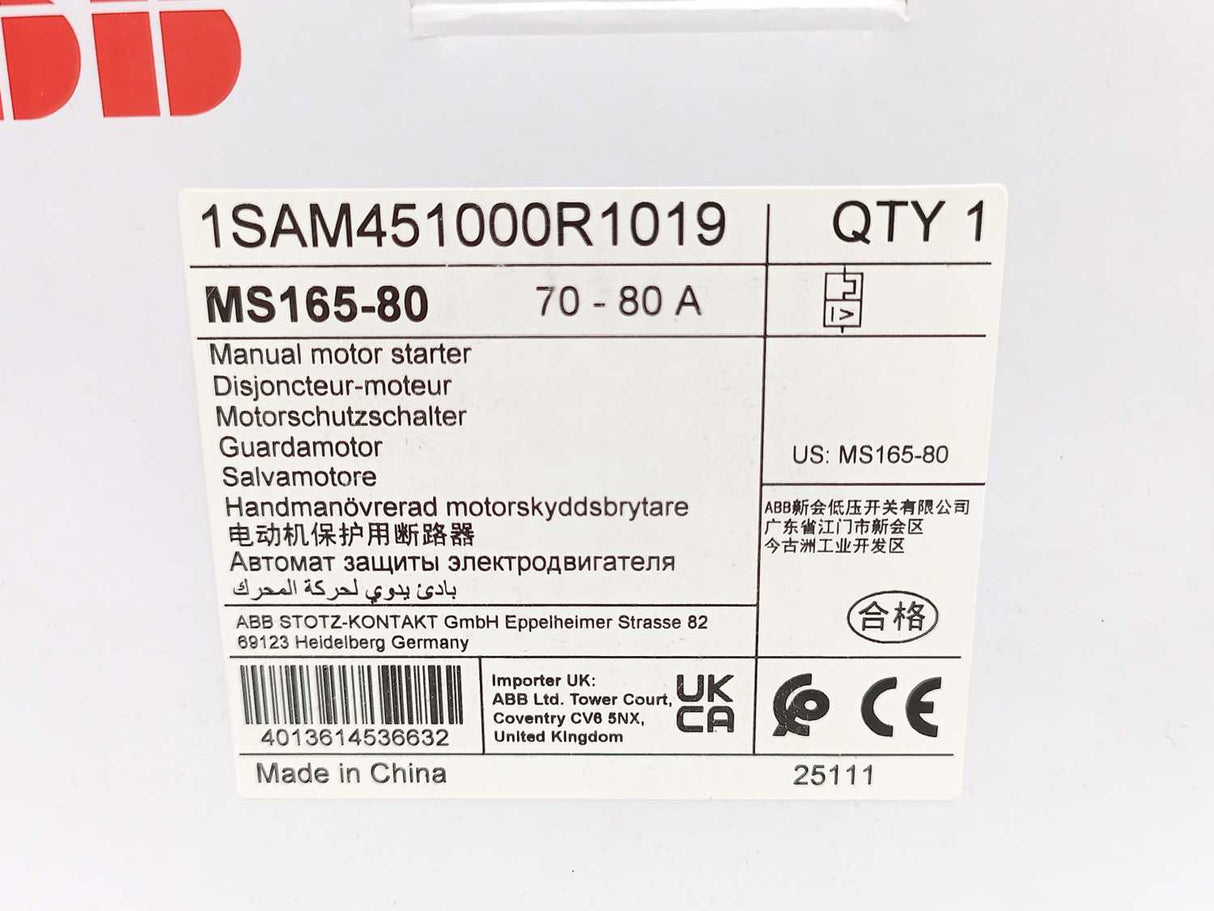 ABB 1SAM451000R1019 Manuel Motor Starter MS165-80