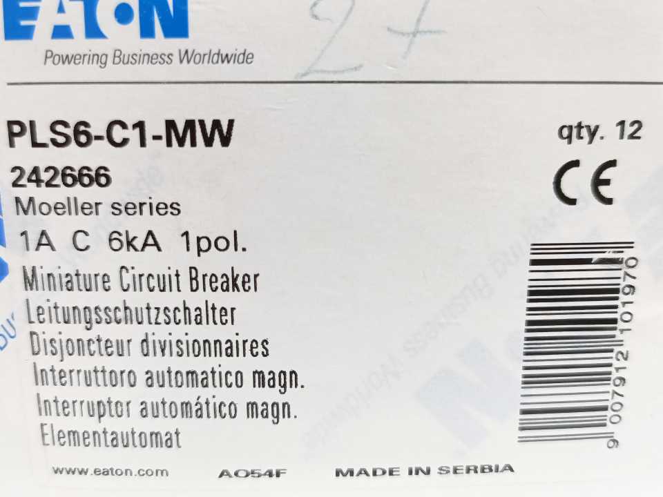 Eaton PLS6-C1 xPole Miniature Circuit Breaker PLS6-C1 1-Pole Batch 12 Pcs.