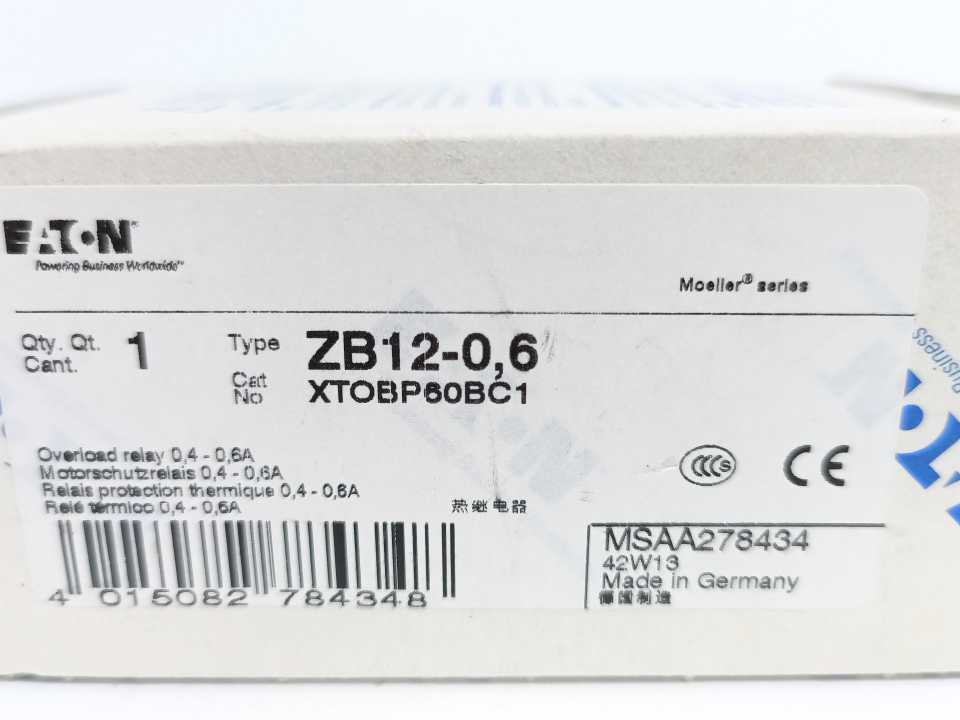 Eaton XTOBP60BC1 ZB12-0,6 Thermal Overload Relay 0.4- 0.6 Batch 3 pcs.