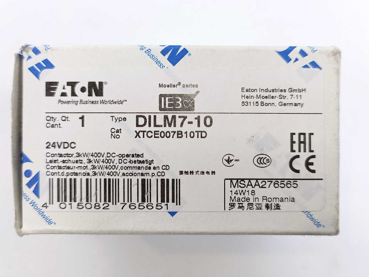 Eaton XTCE007B10TD DILM7-10 Contactor 3kW/400v, DC Operated