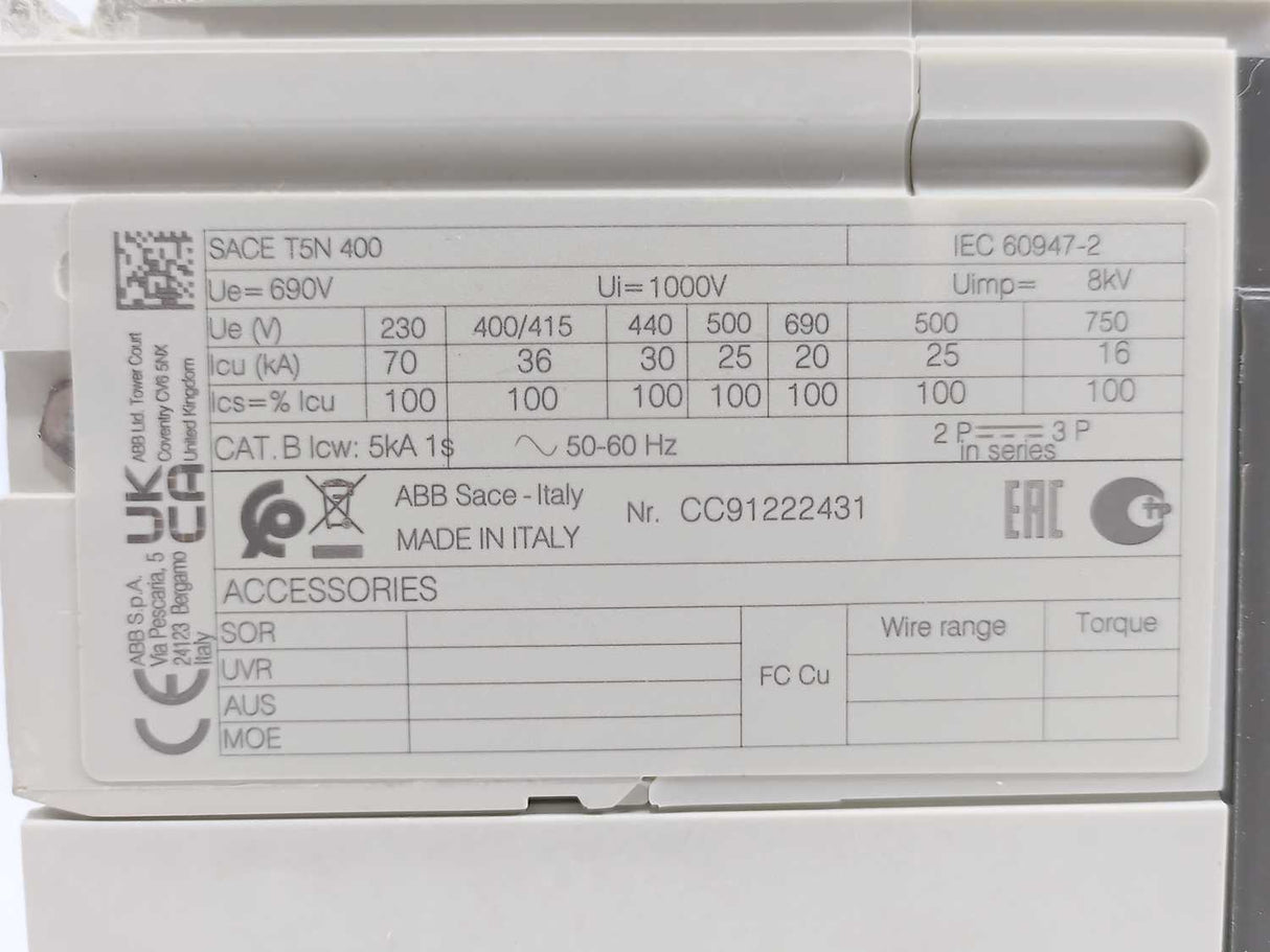 ABB 1SDA054325R1 Circuit Breaker T5N 400 PR221DS-LS/I In=400 4p F F