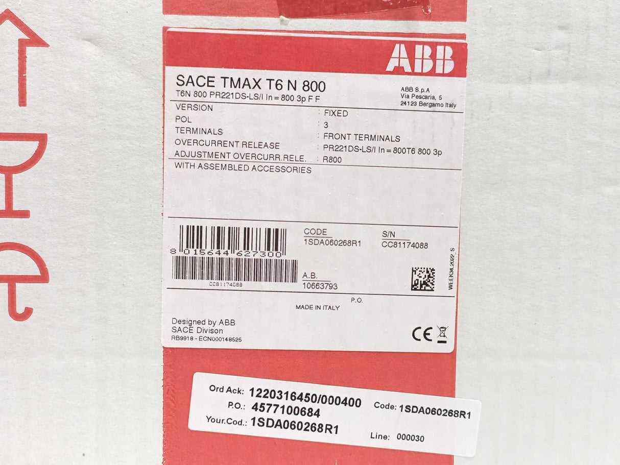 ABB 1SDA060268R1 Circuit Breaker T6N 800 PR221DS-LS/I In=800 3p F F