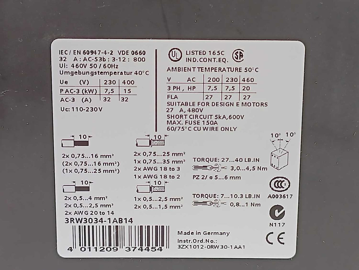 Siemens 3RW3034-1AB14 SIRIUS Soft Starter 32A/15KW