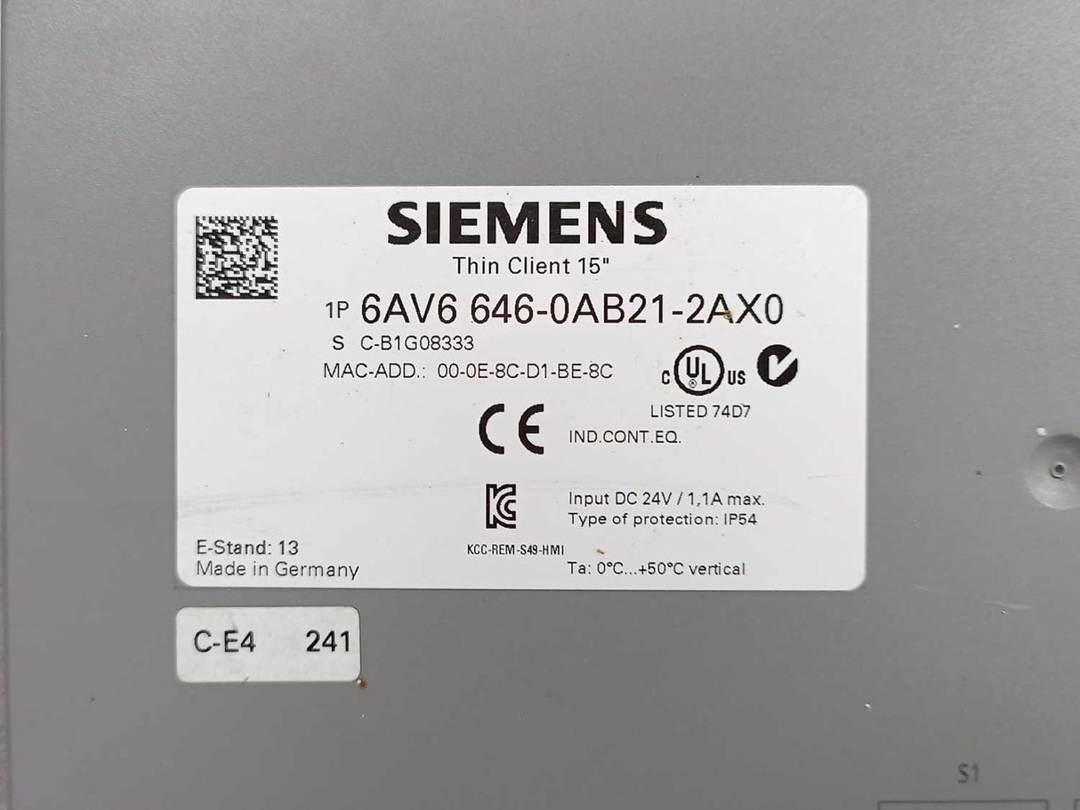 Siemens 6AV6646-0AB21-2AX0 SIMATIC Thin Client 15" TFT display,