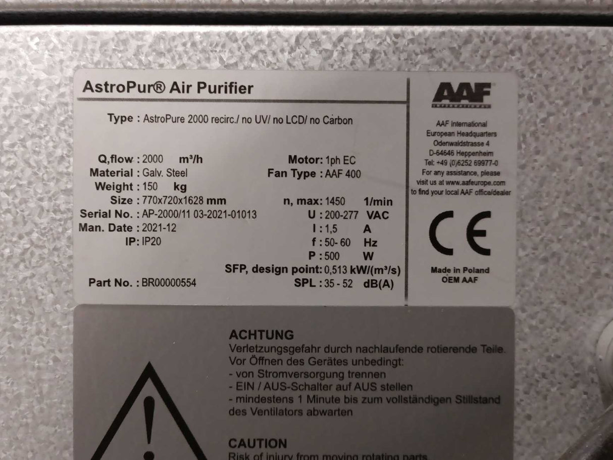 AAF BR00000554 AstroPure 2000 recirc./ no UV/ no LCD/ no Carbon