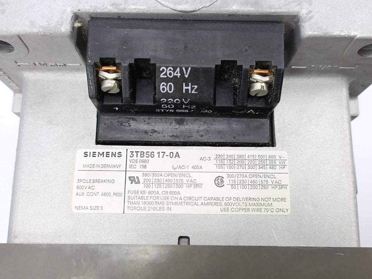 Siemens 3TB5617-0A 3 - Phase Contactor, Coil 264V 60Hz