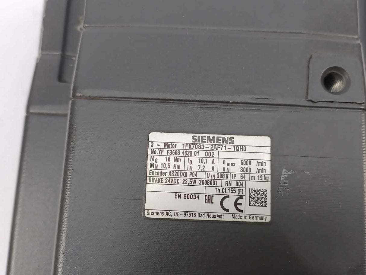 Siemens 1FK7083-2AF71-1QH0 SIMOTICS S 3 Phase SSERynchronous Servo Motor