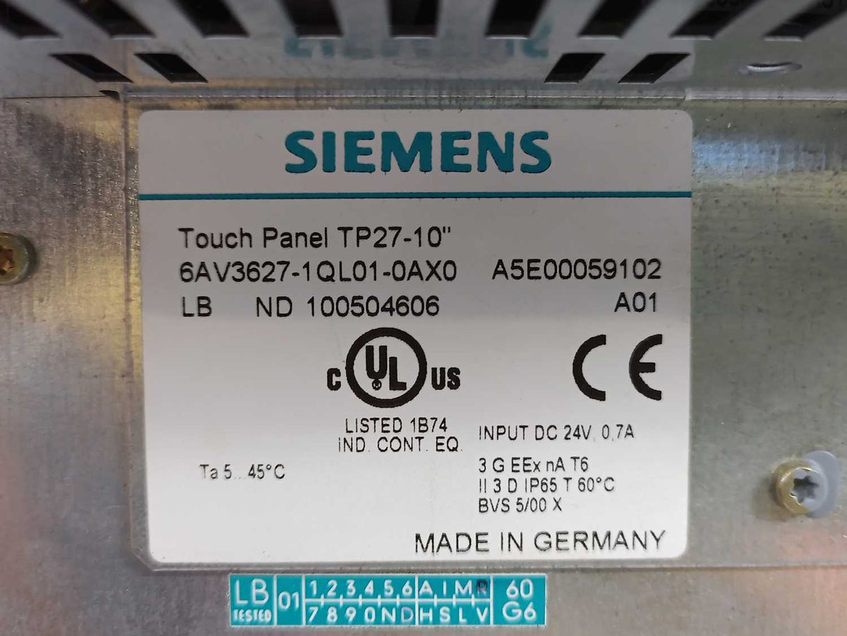 Siemens 6AV3627-1QL01-0XA0 Touch Panel TP27-10" STN Color LC Display