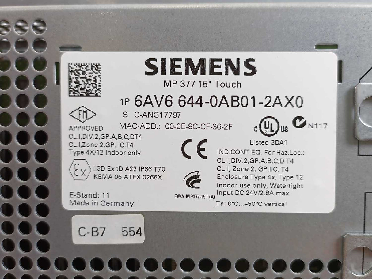 Siemens 6AV6644-0AB01-2AX0 MP 377 15'' Touch