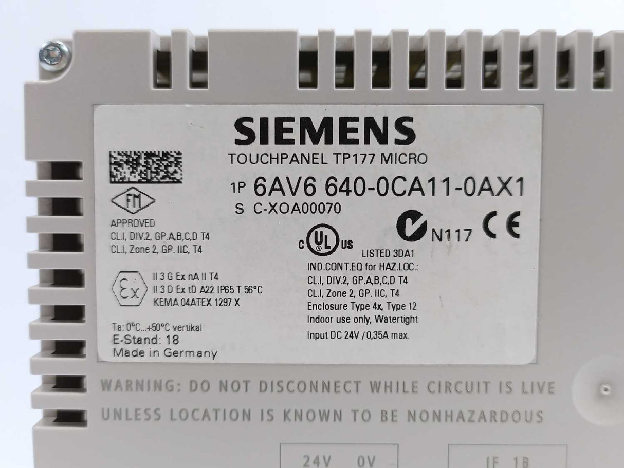 Siemens 6AV6640-0CA11-0AX1 Touch Panel TP177 Micro