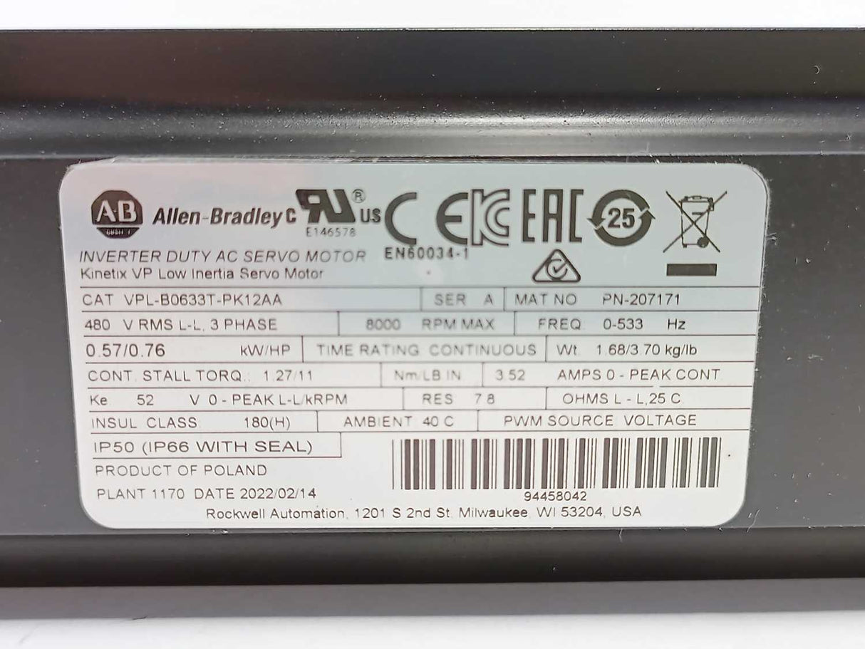 AB VPL-B0633T-PK12AA Ser A, INVERTER DUTY AC SERVO MOTOR
