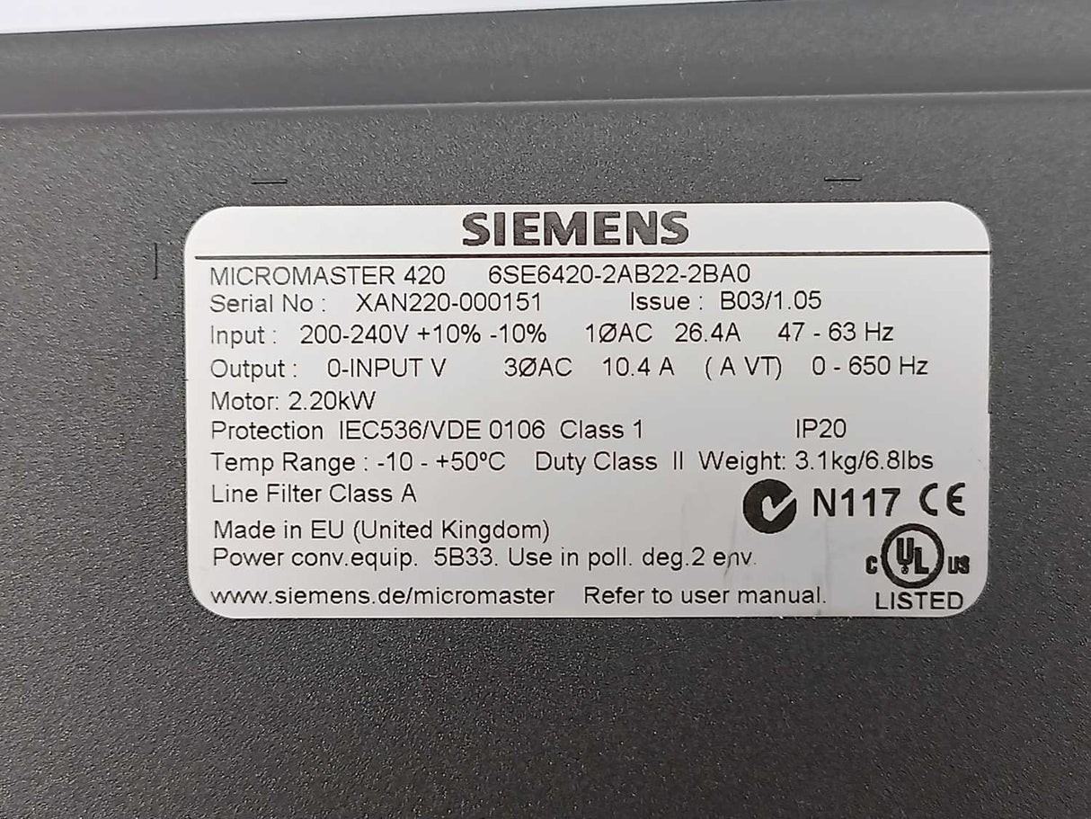 Siemens 6SE6420-2AB22-2BA0 MicroMaster 420 AC Frequency Inverters
