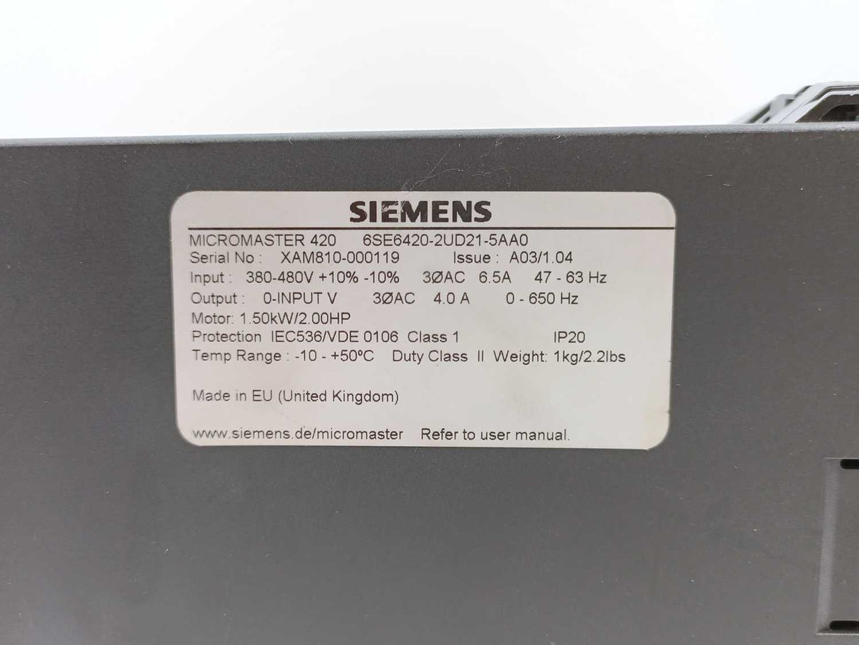 Siemens 6SE6420-2UD21-5AA0 Micromaster 420