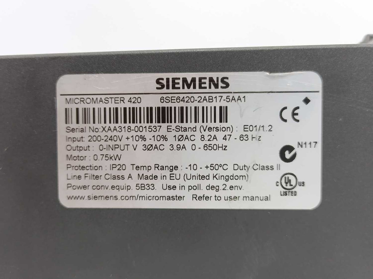 Siemens 6SE6420-2AB17-5AA1 Micromaster 420 0.75kW