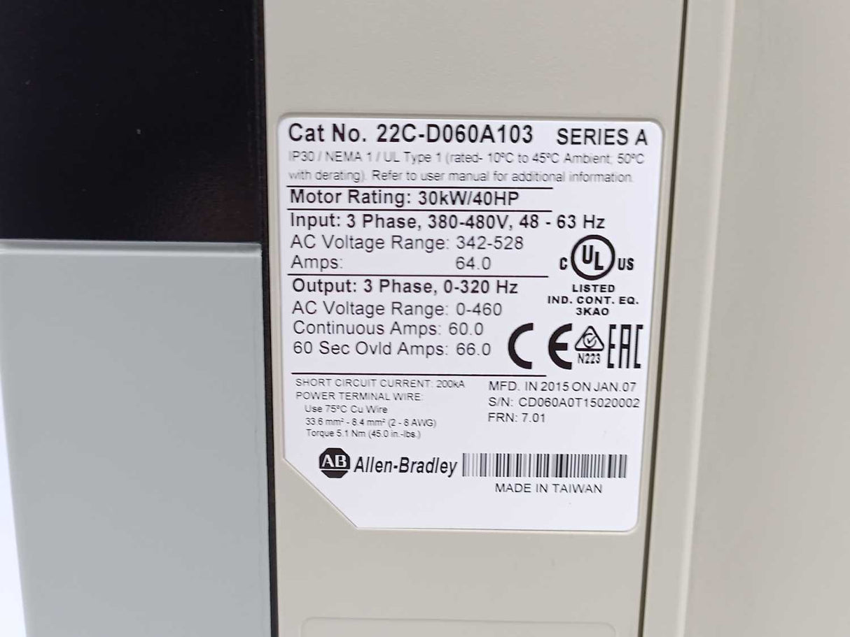 AB 22C-D060A103 Ser. A PowerFlex AC Drive 480 VAC, 3 Phase