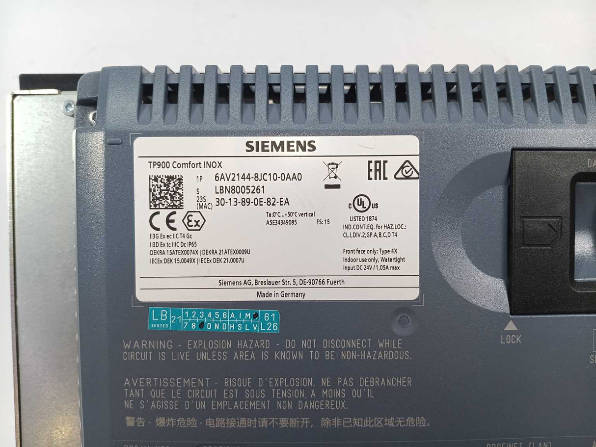 Siemens 6AV2144-8JC10-0AA0 SIMATIC HMI TP900 Comfort INOX Touch Panel