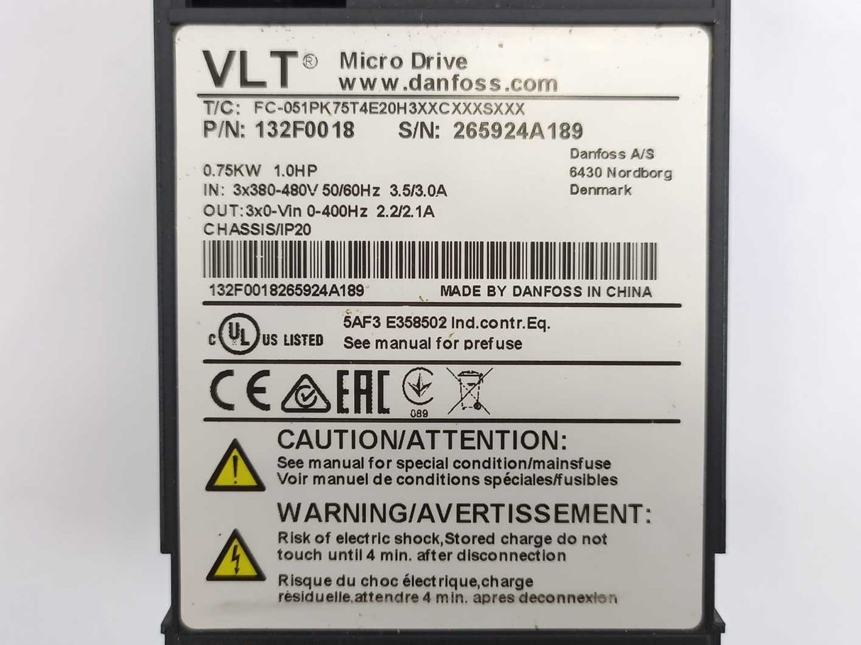 Danfoss FC-051PK75T4E20H3XXCXXXSXXX 132F0018 VLT Micro Drive 0.75KW, 1.0HP