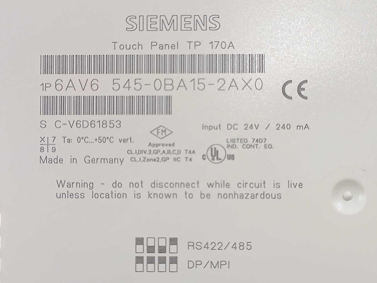 Siemens 6AV6545-0BA15-2AX0 Touch Panel TP 170A