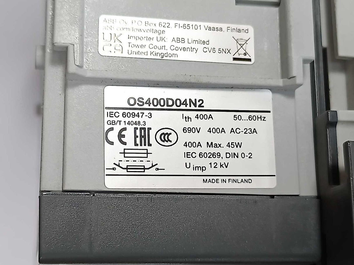 ABB 1SCA022754R2620 OS400D04N2 Fused Switch, 400A 690V