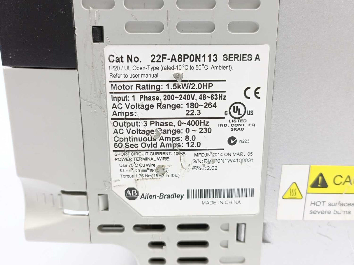 AB 22F-A8P0N113 Series A AC Drive PowerFlex 1.5kW/2.0HP