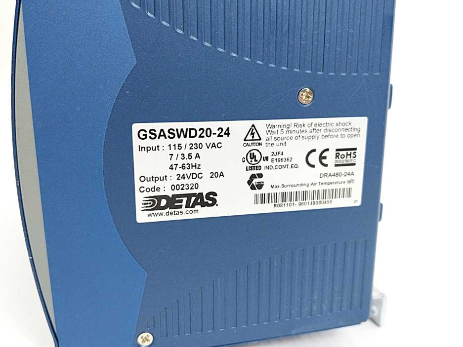 DETAS GSASWD20-24 002320 DRA480-24A 24V 20A Power Supply