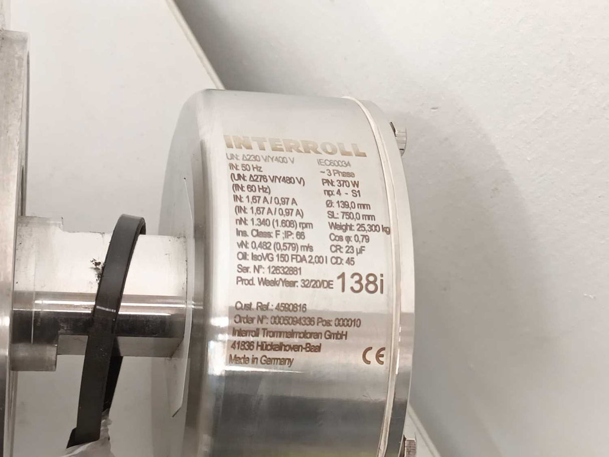 Interroll 138i Drum Motor 3 Phase - Ø 139mm SL 750mm PN:370W