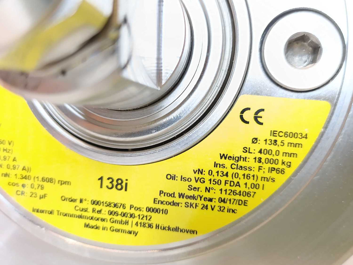 Interroll 138i Drum Motor 3 Phase - Ø 138,5mm SL 400mm PN: 370W