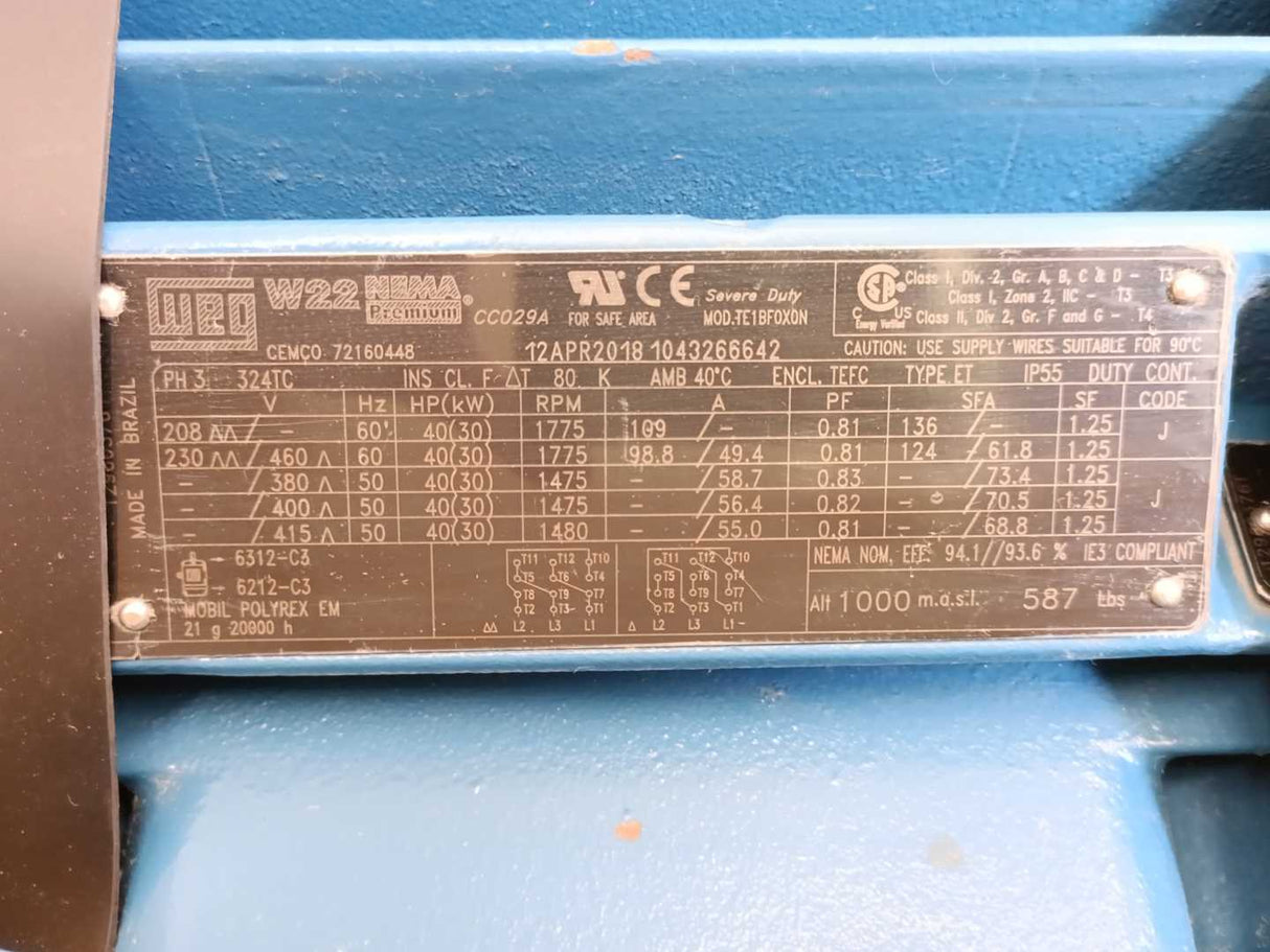 WEG W22 TE1BF0X0N 324TC 40HP 17551475 RPM