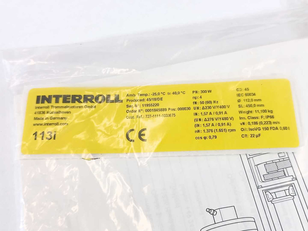 Interroll 113i Drum Motor - 300W - Ø 112,0mm - SL 450,0mm 727-1111