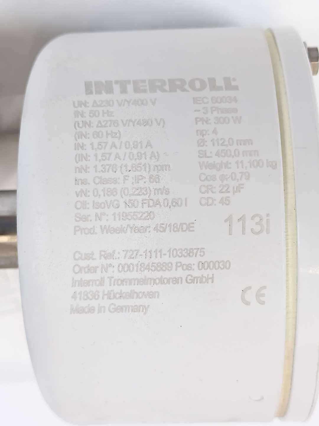 Interroll 113i Drum Motor - 300W - Ø 112,0mm - SL 450,0mm 727-1111