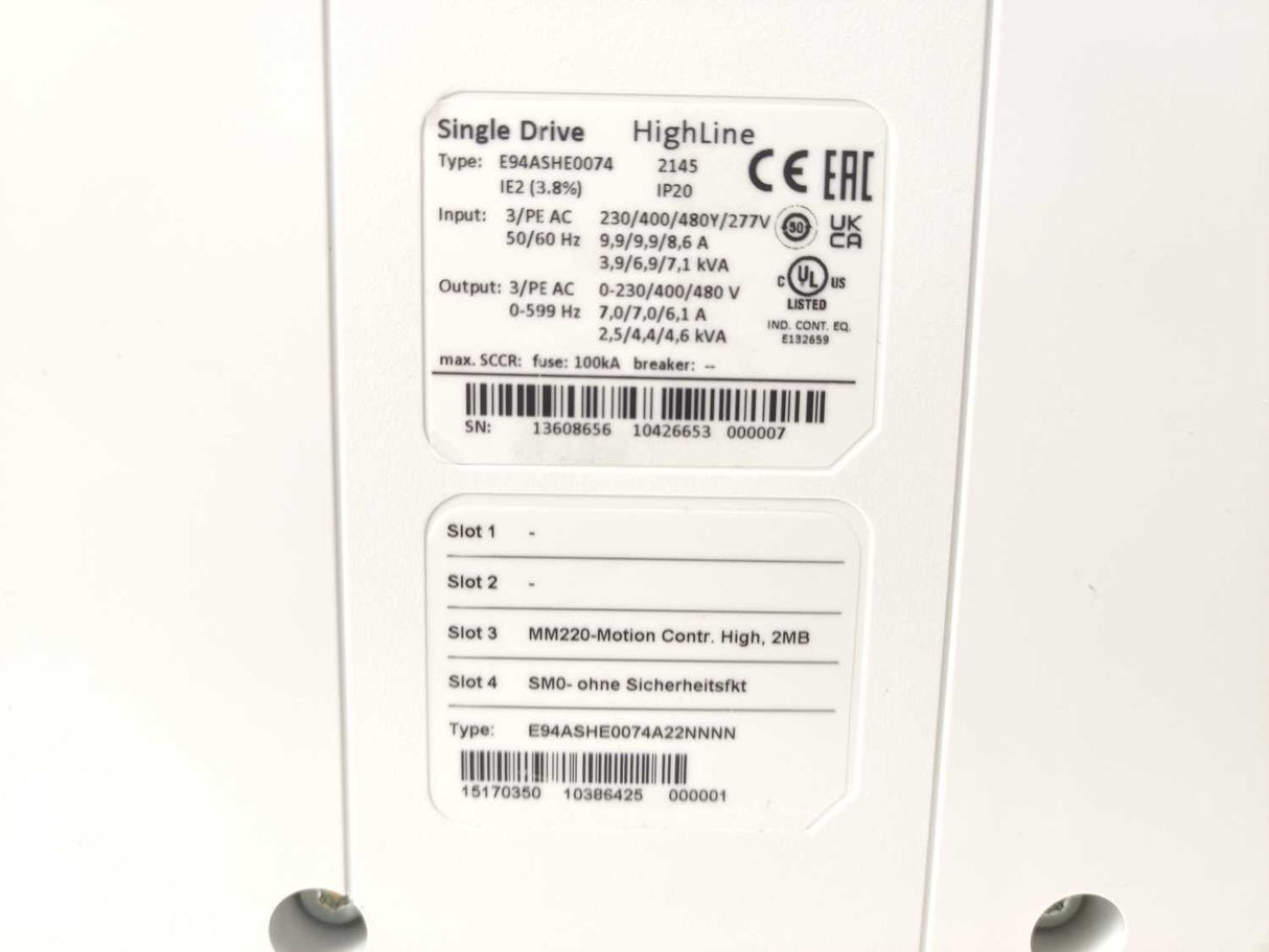 LENZE E94ASHE0074A22NNNN 9400 HighLine 3 kW Servo Inverter