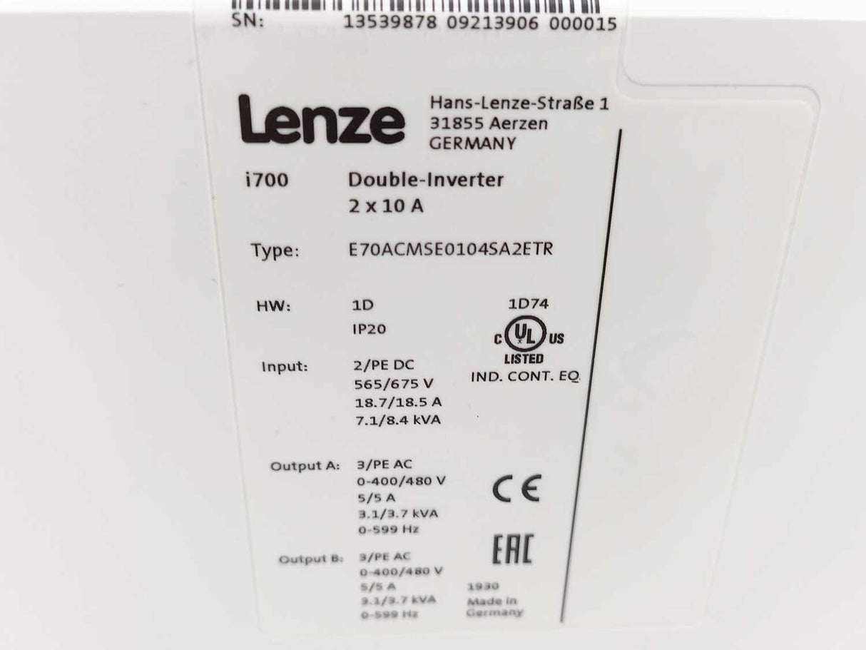 LENZE E70ACMSE0104SA2ETR i700 Double-Inverter 2x10 A
