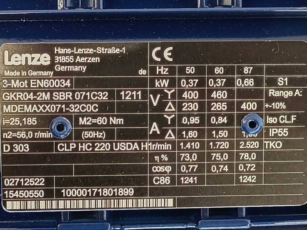 LENZE GKR04-2M SBR 071C32 MDEMAXX071-32C0C 15450550 AC Geared Motor 0,37 kW