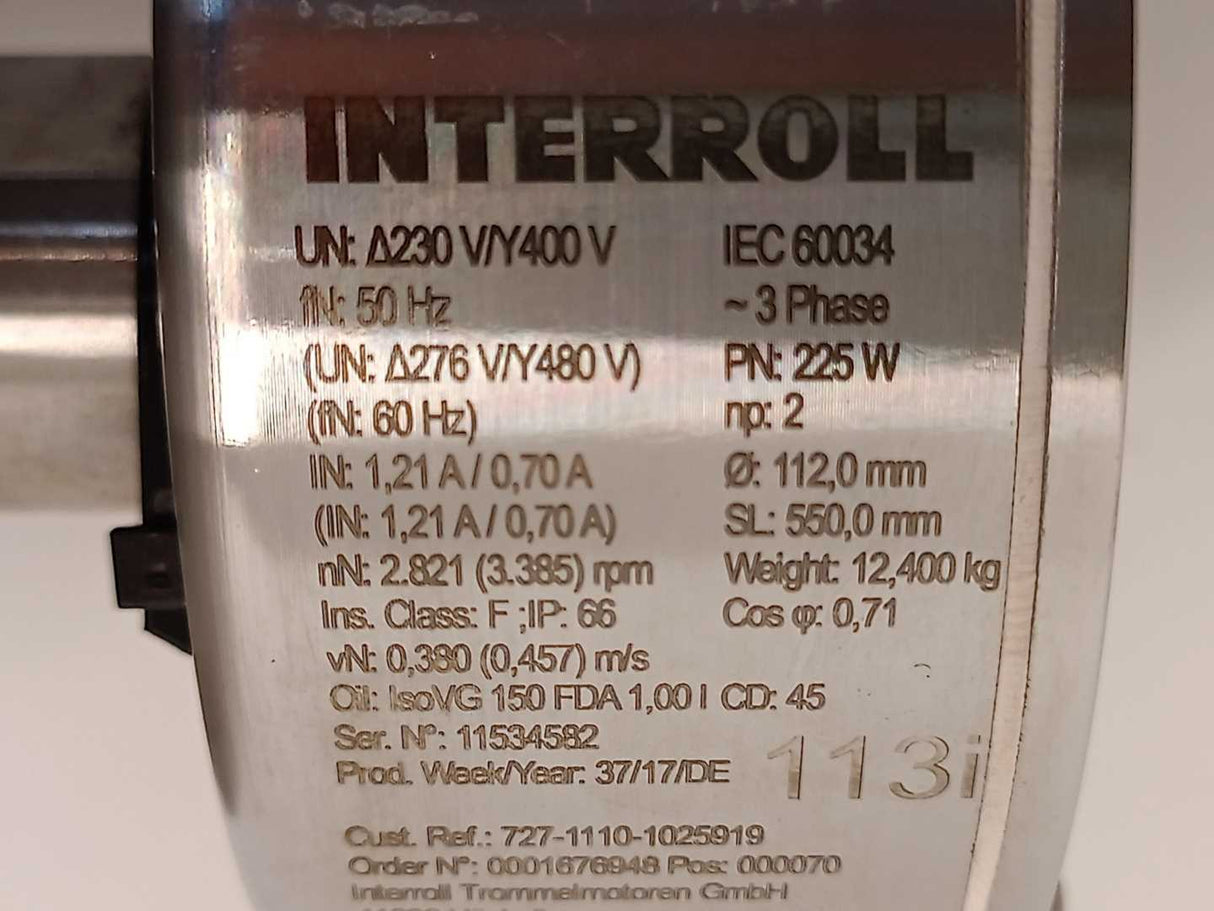 Interroll 113i 0001676948 Drum Motor Ø 112 SL 550