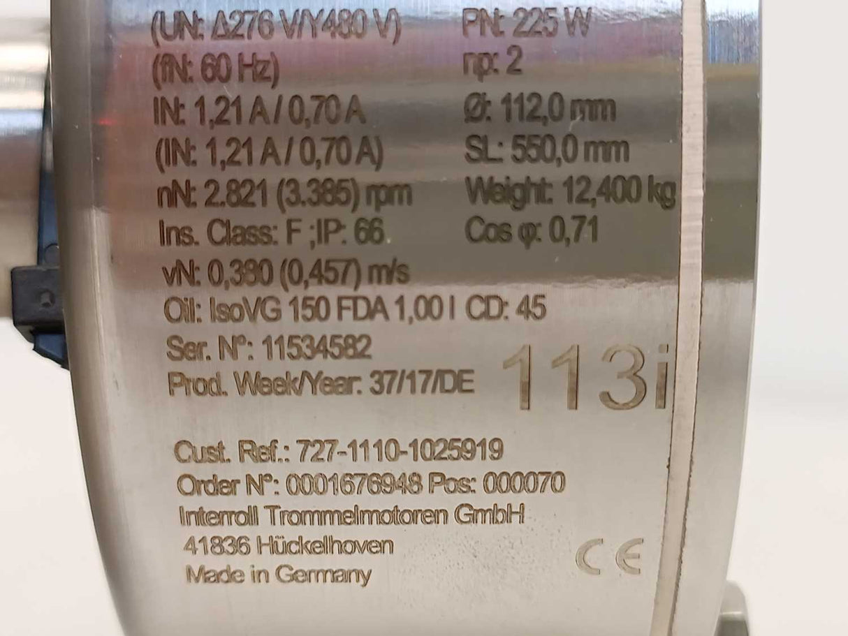 Interroll 113i 0001676948 Drum Motor Ø 112 SL 550