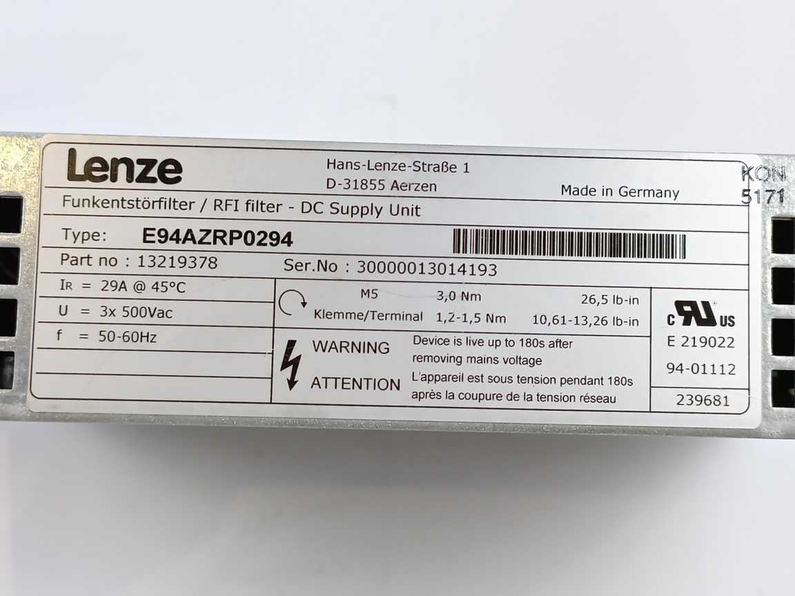 LENZE E94AZRP0294 13219378 RFI Filter-DC Supply Unit