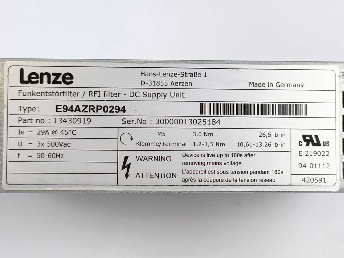 LENZE E94AZRP0294 13430919 RFI Filter-DC Supply Unit
