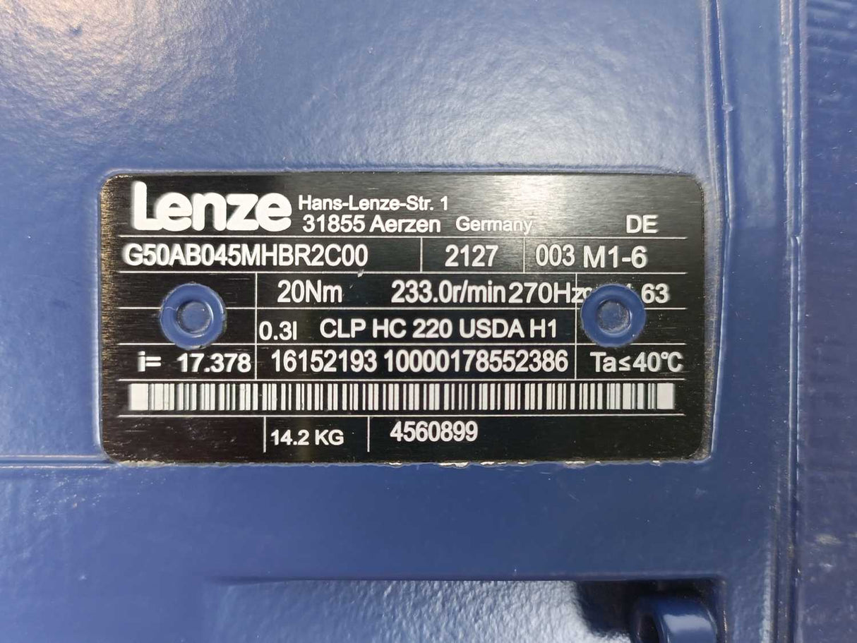 LENZE G50AB045MHBR2C00 Gearmotor i=17.378, 20 Nm, 233.1 r/min