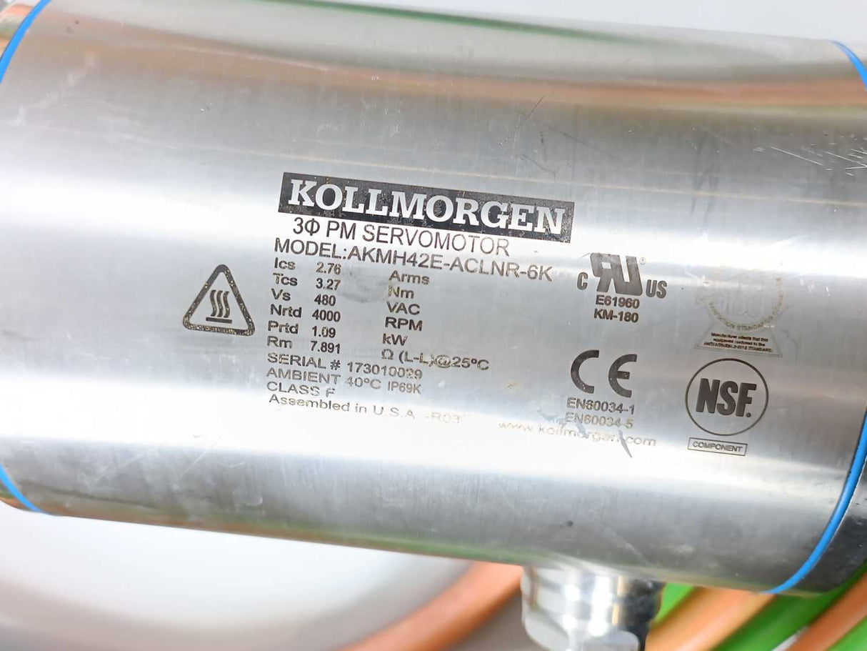 KOLLMORGEN AKMH42E-ACLNR-6K 3 Phase PM Servomotor. 1.09kW, 4000rpm, IP69K