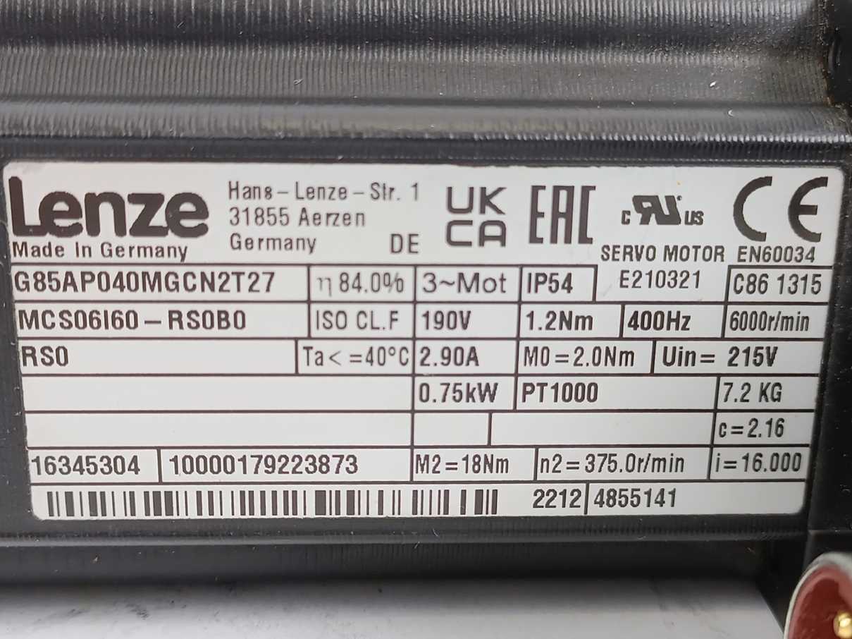 LENZE MCS06I60-RS0B0 Servo Motor w/ G85AP040MGCN2T27 Gear Box