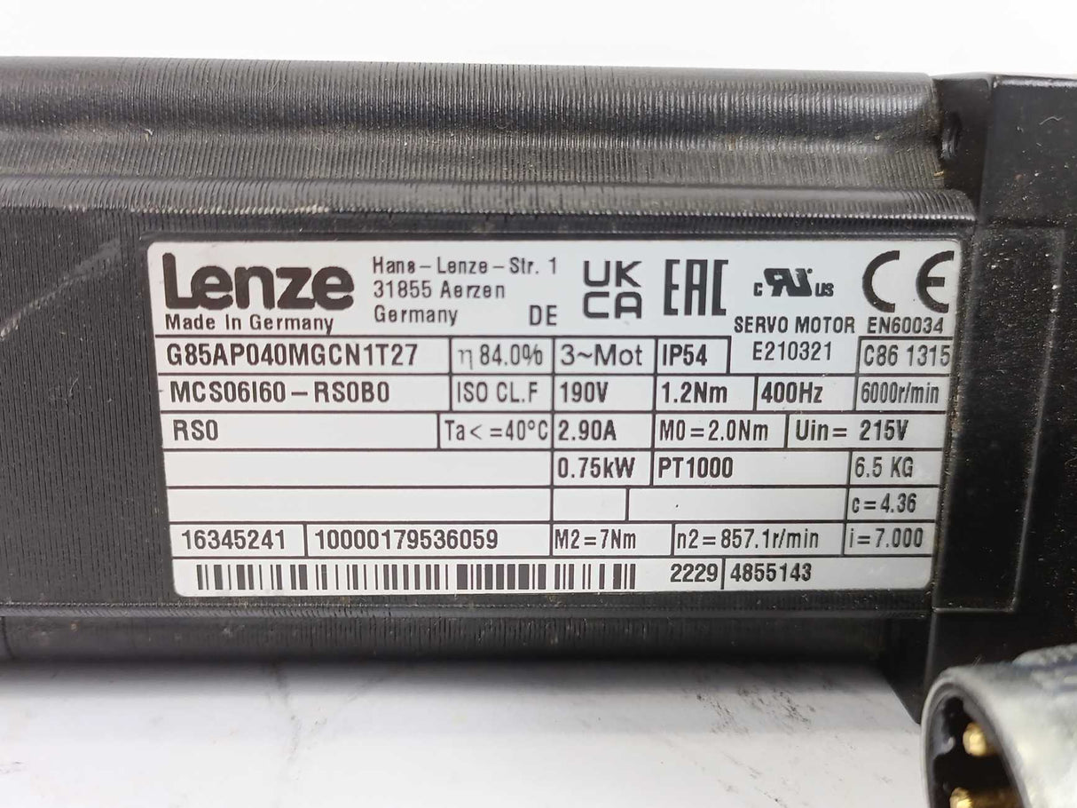 LENZE MCS06I60-RS0B0 Servo Motor w/ G85AP040MGCN1T27 Gear Box