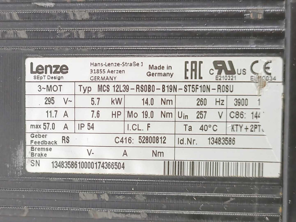 LENZE MCS 12L39-RS0B0-B19N-ST5F10N-R0SU 13483586 Servo Motor w/ 4656 EZ