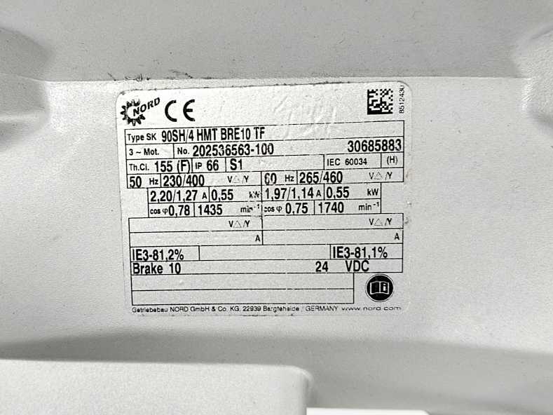 Nord SK 90SH/4 HMT BRE10 TF Three-Phase Induction Motor 230/400V 2.20/1.27A