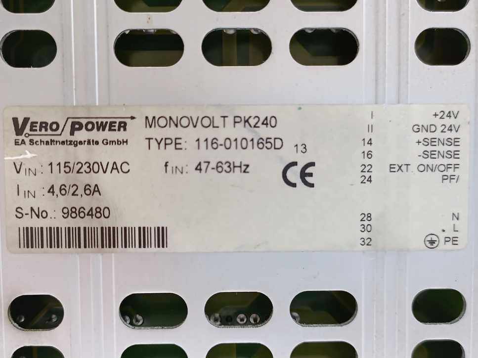 Vero 116-010165D Monovolt PK240 PSU, 115/230VAC, 4,6/2,6A