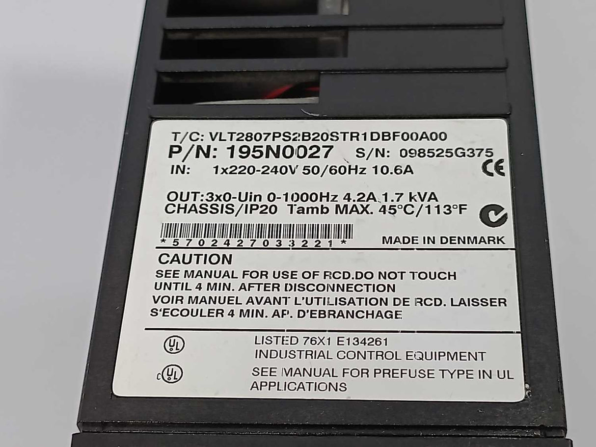 Danfoss VLT2807PS2B20STR1DBF00A00 VLT 2800, 195N0027 1.7kVa