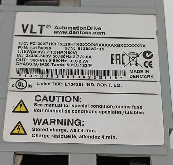 Danfoss FC-302P1K1T5E20H1XG VLT 131B0036 1,1 kW